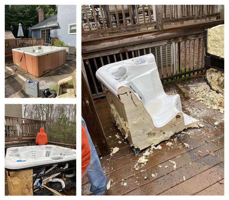 Four pictures of a hot tub being removed from a deck during shed and hot tub removal.