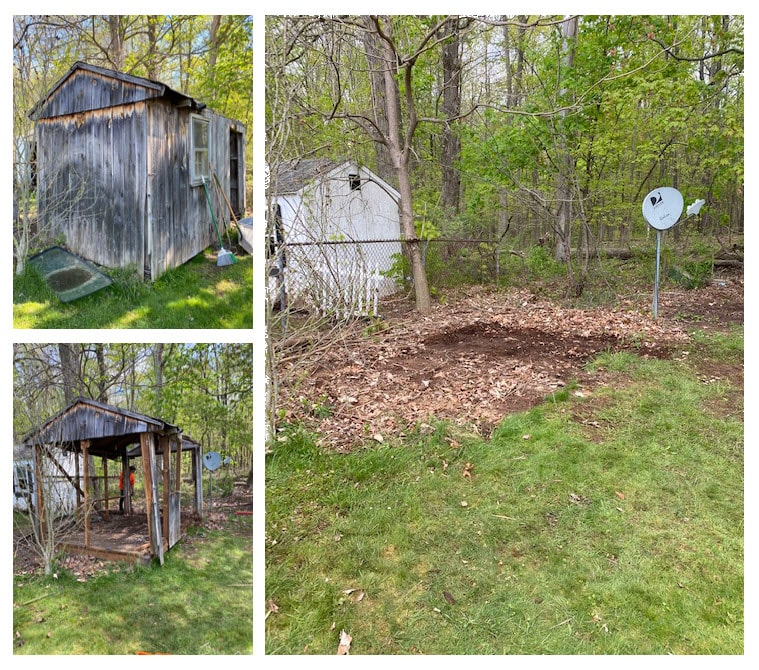 Four pictures of a shed being removed from a wooded area.