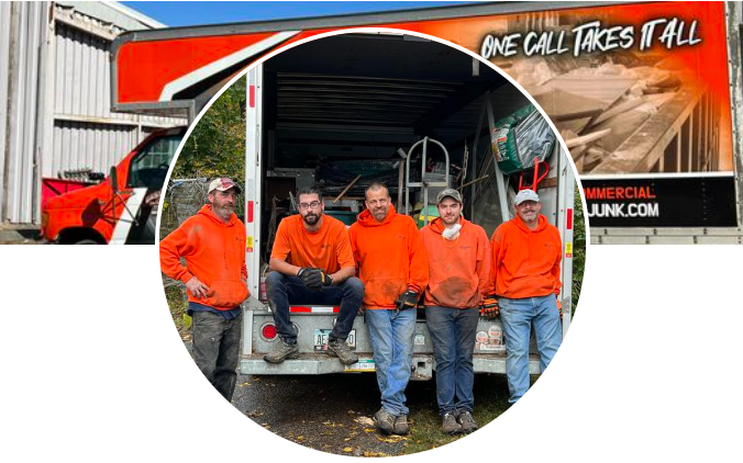 A group of men in orange jackets.